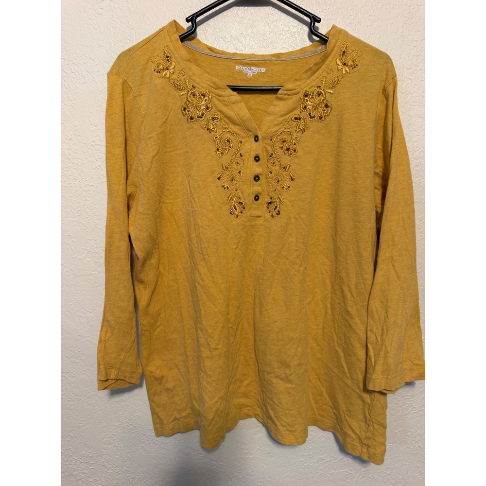 Laura Scott Mustard Yellow Embroidered Henley Top XL 100% Cotton Long Sleeve